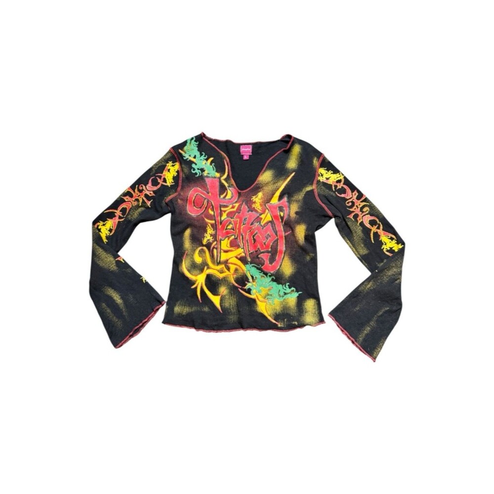 Y2K Jennyfer Black Tattoo Style Black Graphic Long-Sleeve Women's Top Size Large